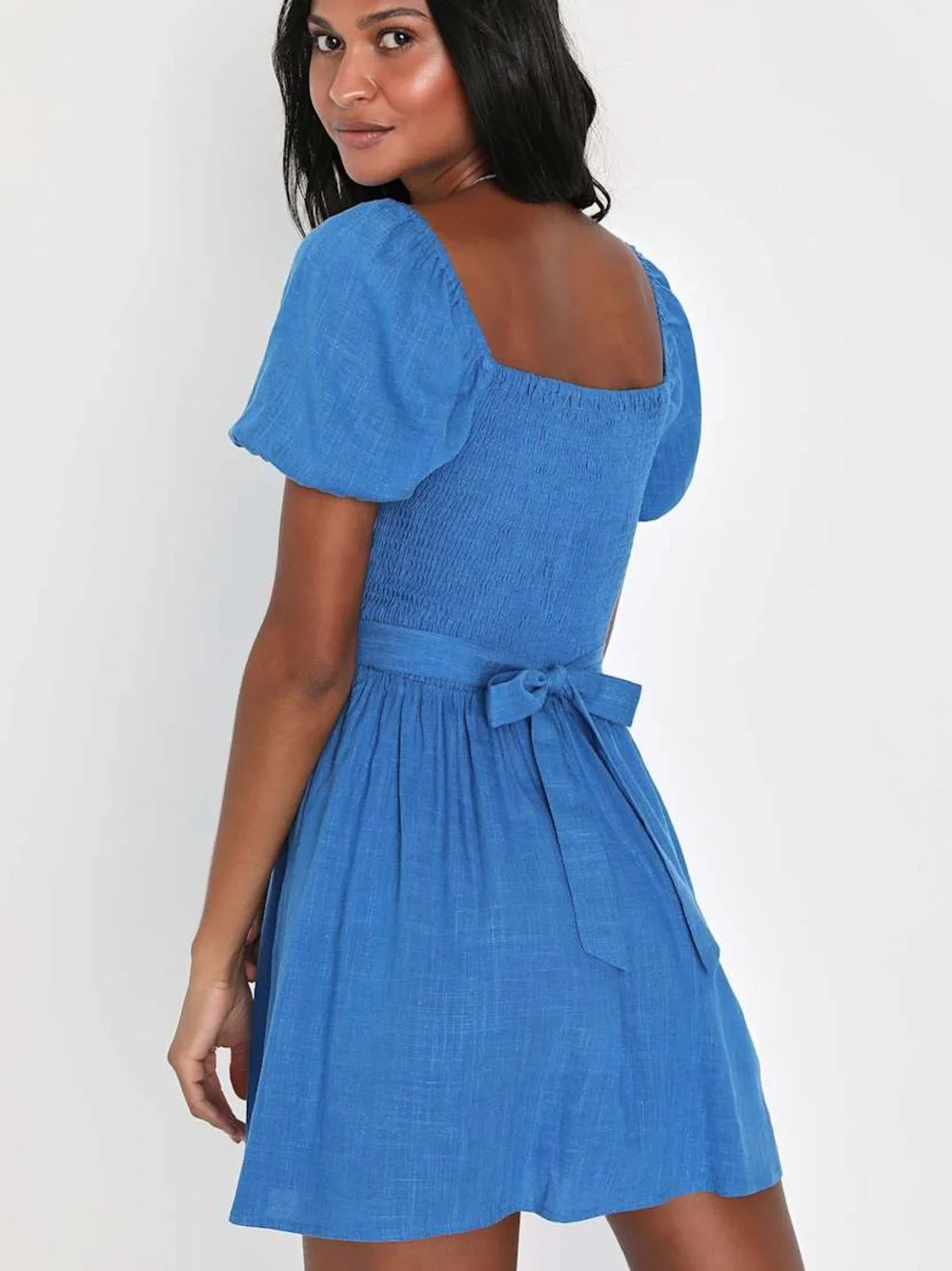 Effortlessly Endearing Blue Puff Sleeve Smocked Mini Dress
